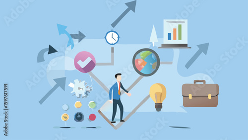 Illustration of a business man navigating a path to success with various business icons around him