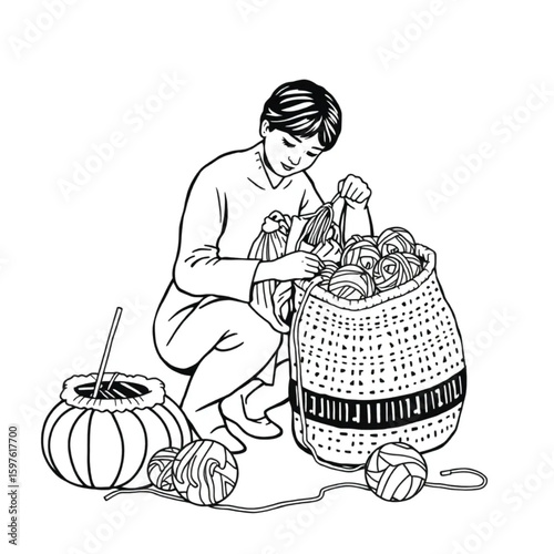 A knitter tidying balls of yarn into a woven market bag