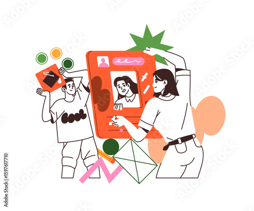 Concept of UX UI design. Creative designers create new user interface for mobile app. Team of creators does redesigns, updates GUI. UIUX development. Flat isolated outline vector illustration on white