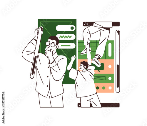 Concept of mobile app development. Frontend team creates screens, redesigns user interface. Designers update UX UI design of wireframes. Flat isolated outline vector illustration on white background