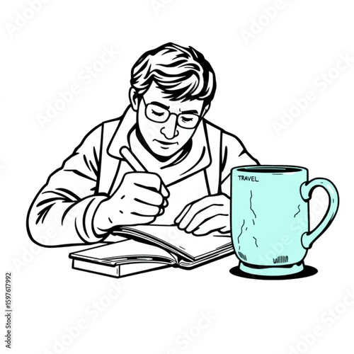 A travel writer jotting notes beside a chipped turquoise mug