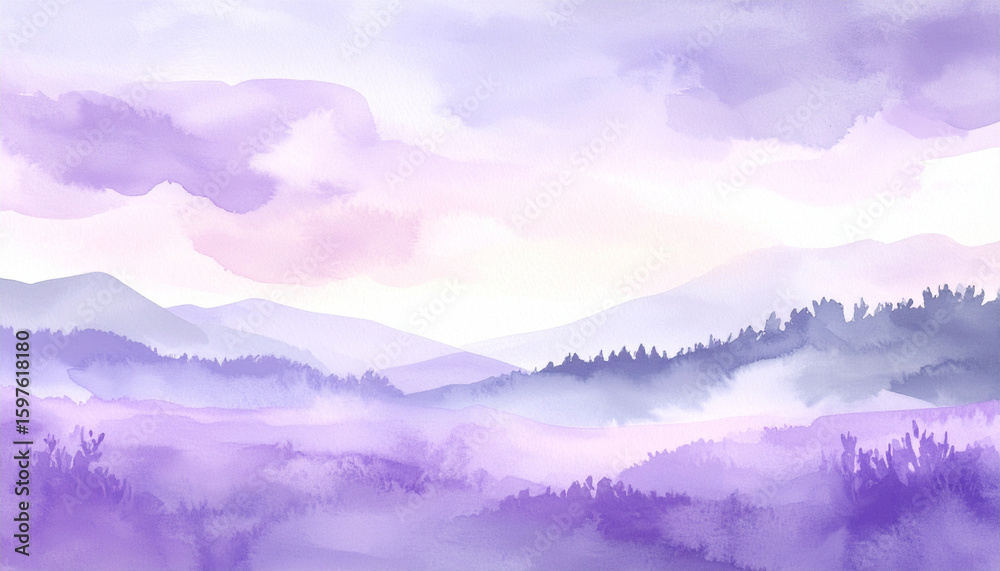 Fototapeta premium Lavender Fields in Misty Mountains: A tranquil vista unfolds, showcasing rolling lavender fields that seamlessly blend with the soft, misty mountains in the distance.
