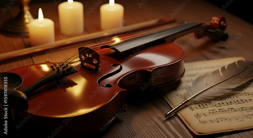 Fototapeta premium Vintage Violin with Quill, Sheet Music, and Candles for Composition