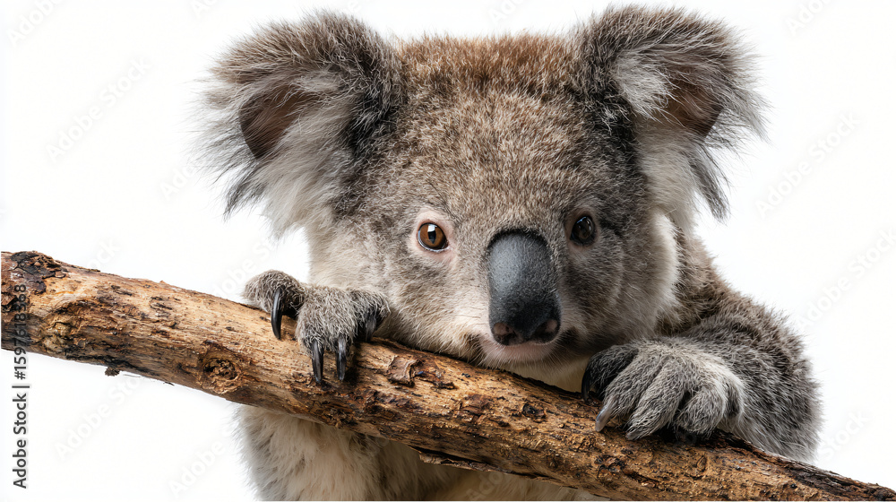 Obraz premium Gentle Gaze: A captivating portrait of a koala, its soft fur and soulful eyes conveying a sense of calm, hangs gently onto a branch