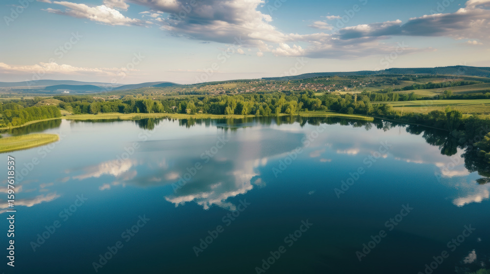Fototapeta premium Serene lakeside view with vibrant green trees reflecting in the calm water under a partly cloudy sky.