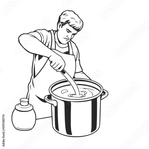 A soapmaker stirring lye and oils in a stainless steel pot