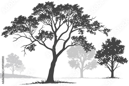 Silhouette of Trees in a Misty Landscape.