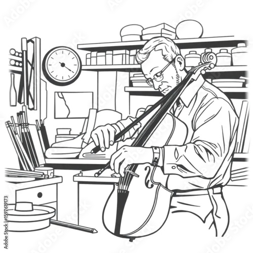 A violinmaker tuning a finished instrument in a quiet shop