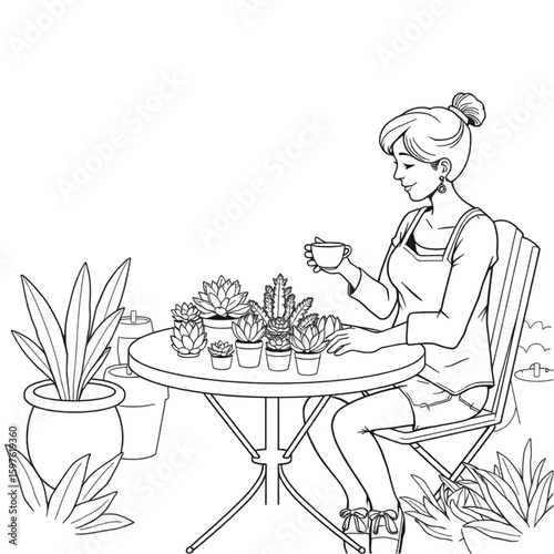 A gardener sipping tea while arranging succulents on a patio table