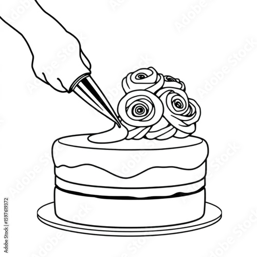 A chef piping icing roses onto a layered sponge cake