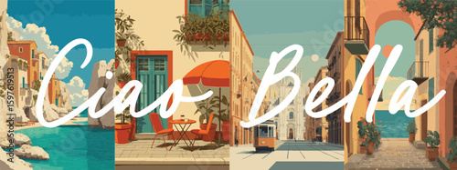 Italy vintage style travel poster set. Collection of scenic art deco retro tourism illustrations