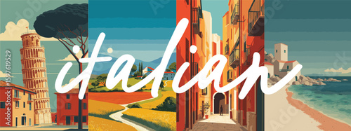 Italy vintage style travel poster set. Collection of scenic art deco retro tourism illustrations
