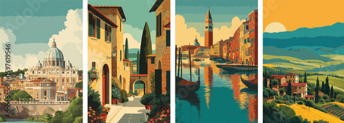 Italy vintage style travel poster set. Collection of scenic art deco retro tourism illustrations
