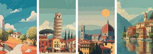 Italy vintage style travel poster set. Collection of scenic art deco retro tourism illustrations