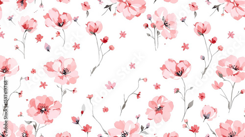 Seamless pattern with Red flowers, watercolor background pattern red flowers on white background