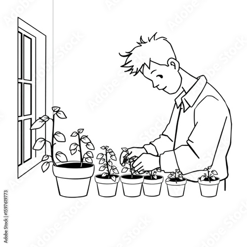 A city dweller tending tiny tomato plants on a balcony ledge