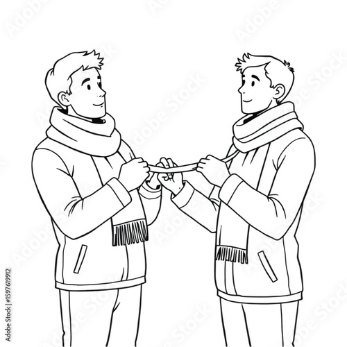 A friend tying a scarf for another before heading out into the wind