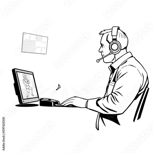 A sports commentator reviewing game highlights with a headset on