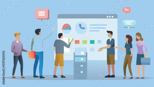 Team collaboration meeting with presentation screen and chat bubbles in a business setting scene