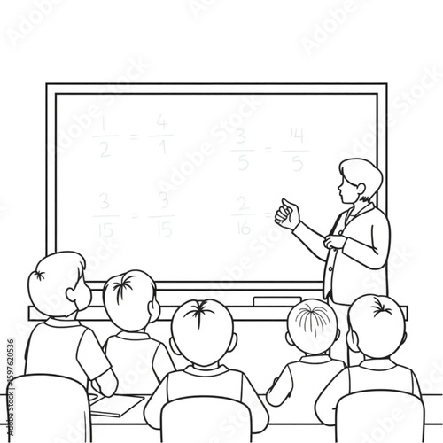 A teacher drawing fractions on the board for attentive math students