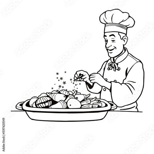 A chef applying herbs to roast vegetables on a clay tray