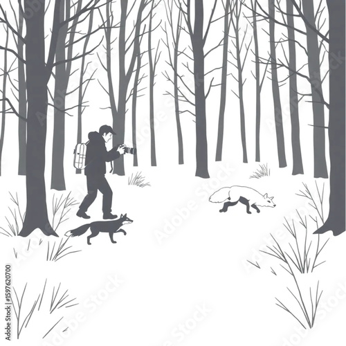 A wildlife photographer tracking an elusive fox through snowy woods