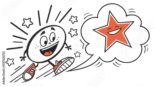 A cheerful cartoon character with a round head and sneakers, expressing excitement as it dreams of a star.