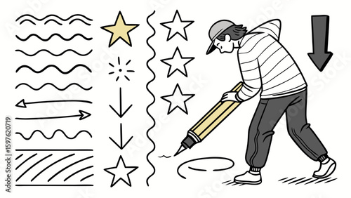 A young male artist sketching creative designs with a large pencil, showcasing various patterns and stars on a white background.