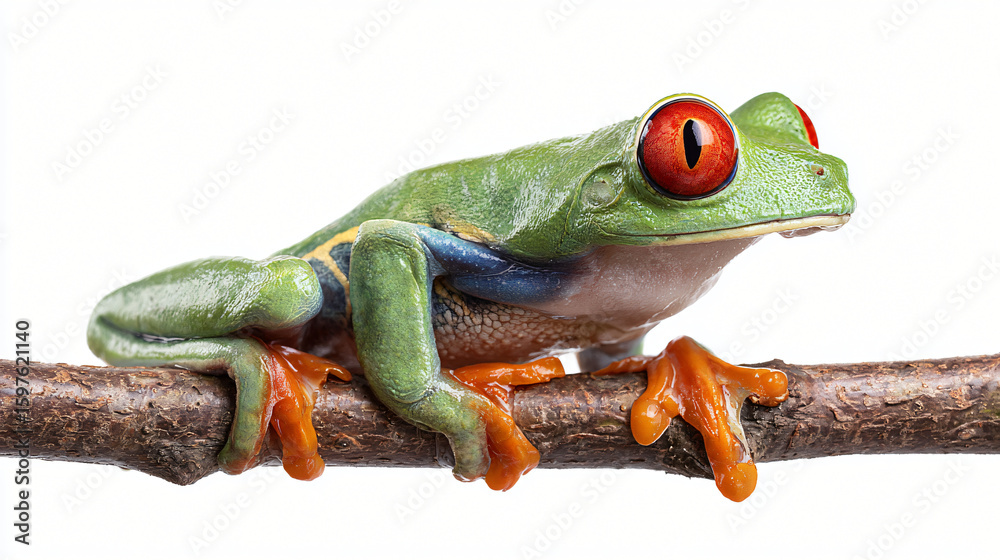 Obraz premium Emerald Jewel: A vibrant close-up of a Red-Eyed Tree Frog perched serenely upon a branch. The frog's striking red eyes and vivid green skin are a true marvel of nature's artistry.