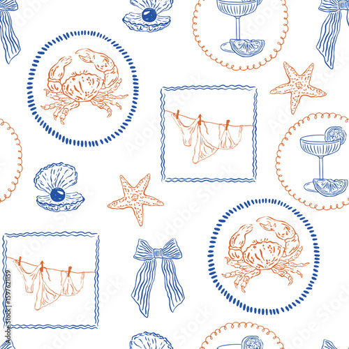 Hand drawn Mediterranean seamless pattern. Summer Italy vacation mood. Portuguese wallpaper, cute coastal print, wrap paper, retro fabric, textile design. Vector illustration 