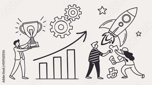 A diverse team celebrating success with a trophy, gears, and a rocket, symbolizing growth and innovation in a playful style.