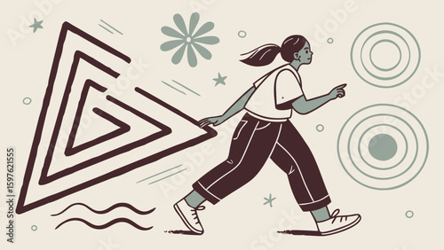 A young female figure of diverse ethnicity strides confidently, pulling along a large geometric triangle.