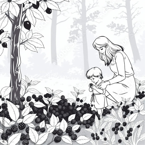 A woman and her child picking wild blackberries on a woodland edge