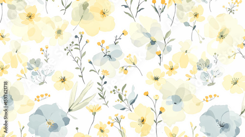 Watercolor floral pattern with yellow flowers and green leaves on white background