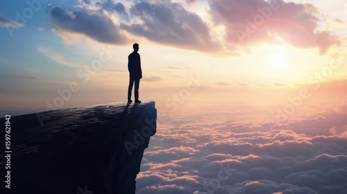 Silhouette of a person standing on a cliff overlooking a sea of clouds at sunset, symbolizing achievement.