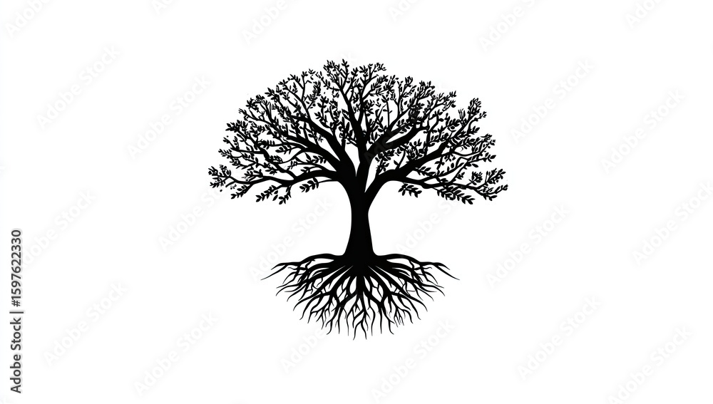 Naklejka premium Silhouetted tree with extensive roots on white background