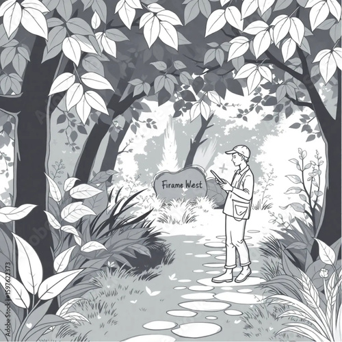 A botanist noting leaf shapes along a shaded footpath