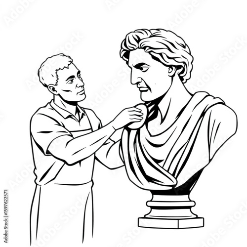 A sculptor polishing the surface of a marble bust