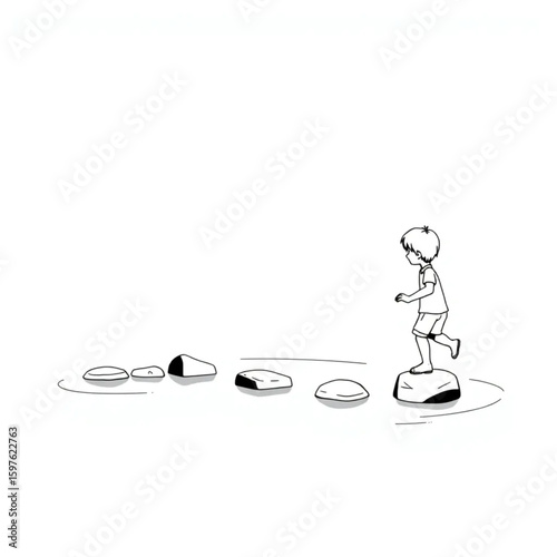 A child skipping stones across a calm pond