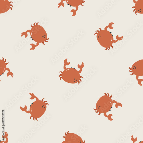 Seamless pattern with crab. Sea character. For design, fabric, wrapping, cards, textile, wallpaper, apparel. Isolated vector cartoon illustration in flat style.