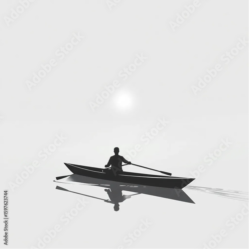 A rower slicing through fog on a river before sunrise