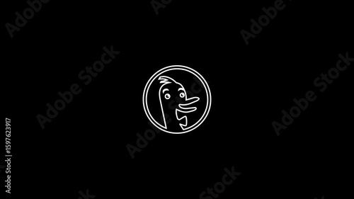 White duck face icon in minimal linear outline style on a solid black background. The icon features clean glowing white lines depicting a stylized duck face with eyes, beak and subtle feather details.