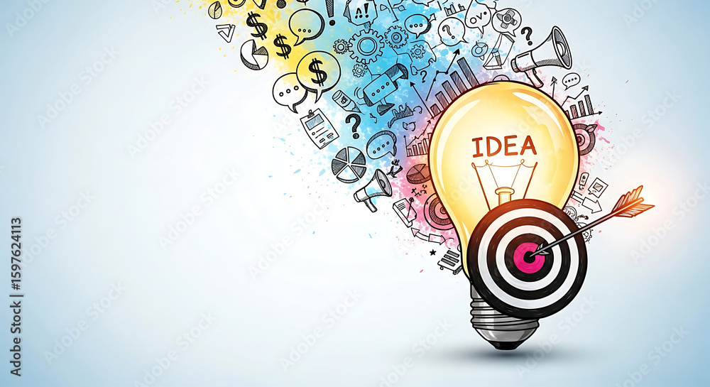 Obraz premium Creative idea generation with business elements and target for innovation and success concepts