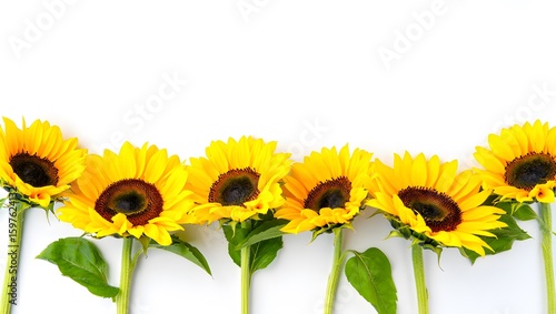 Bright yellow sunflowers form a vibrant border, with individual blossoms and petals isolated against a clean white background, evoking the essence of a summer garden's natural beauty