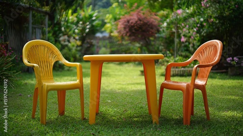Colorful yellow and orange plastic chairs surround a table in a vibrant garden atmosphere.