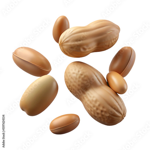 Rendered 3d illustration of peanuts and peanut kernels floating on a colorful abstract background