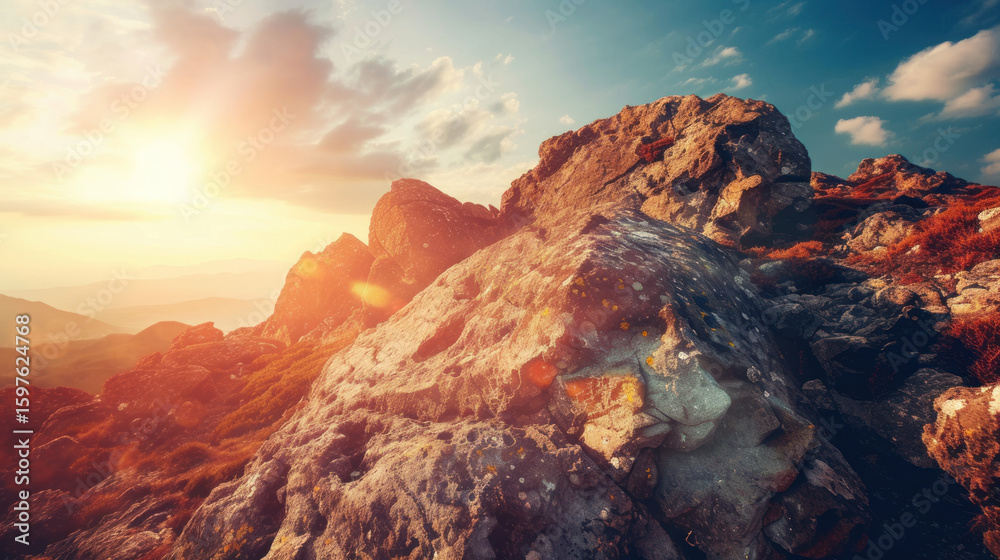 Obraz premium Scenic mountain peak bathed in golden sunlight, rugged terrain, and vibrant foliage create a tranquil vista.