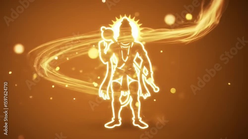 Minimalist glowing silhouette of Lord Hanuman holding his divine gada (mace), swirling light trails and golden particles around