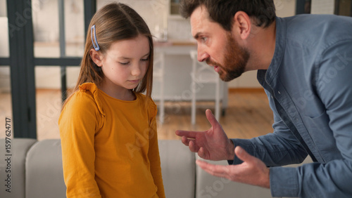 Photography Angry Caucasian man guy speak shouting at guilty daughter little kid family conf
