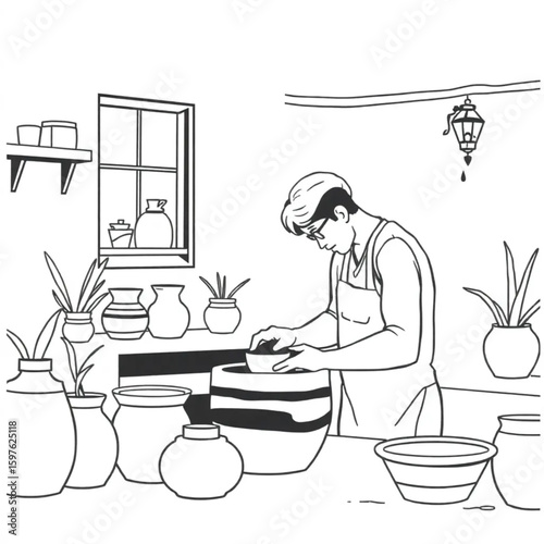A potter mixing glazes in a sun-drenched workspace